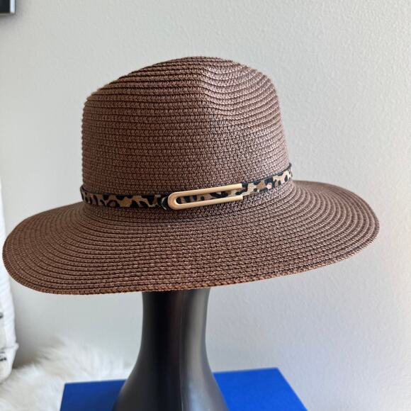 Boutique Mocha Braided Straw Fedora Sun Hat with Adjustable Leopard Band main image 6